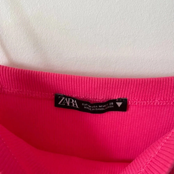 Zara Ribbed Tight Bodycon Spaghetti Strap Mini Dress Hot Barbie  Pink Sz M - Picture 6 of 7